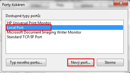 Obr. 20: Vyberte 'Local Port' a klikněte na 'Nový port...'