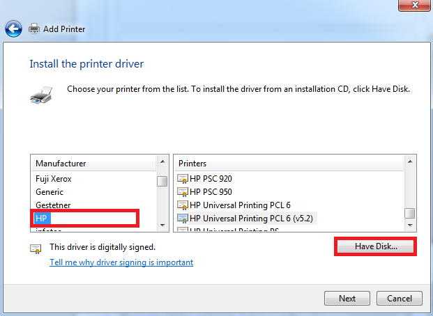 Pic. 10: In the left menu, select HP, and then click on "Have Disk ..." Pic. 10: In the left menu, select HP, and then click on "Have Disk ..."