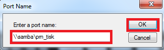 Pic. 21: As a port name enter \\samba\prn_tisk and click OK Pic. 21: As a port name enter \\samba\prn_tisk and click OK